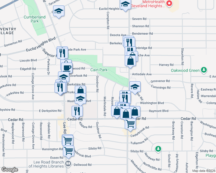 map of restaurants, bars, coffee shops, grocery stores, and more near 2008 Marlindale Road in Cleveland Heights