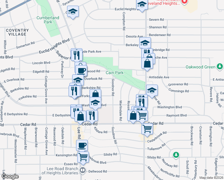 map of restaurants, bars, coffee shops, grocery stores, and more near 3318 Berkshire Road in Cleveland Heights
