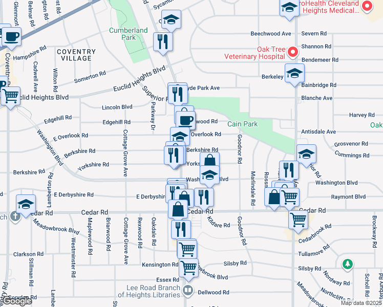 map of restaurants, bars, coffee shops, grocery stores, and more near 3238 Berkshire Road in Cleveland Heights