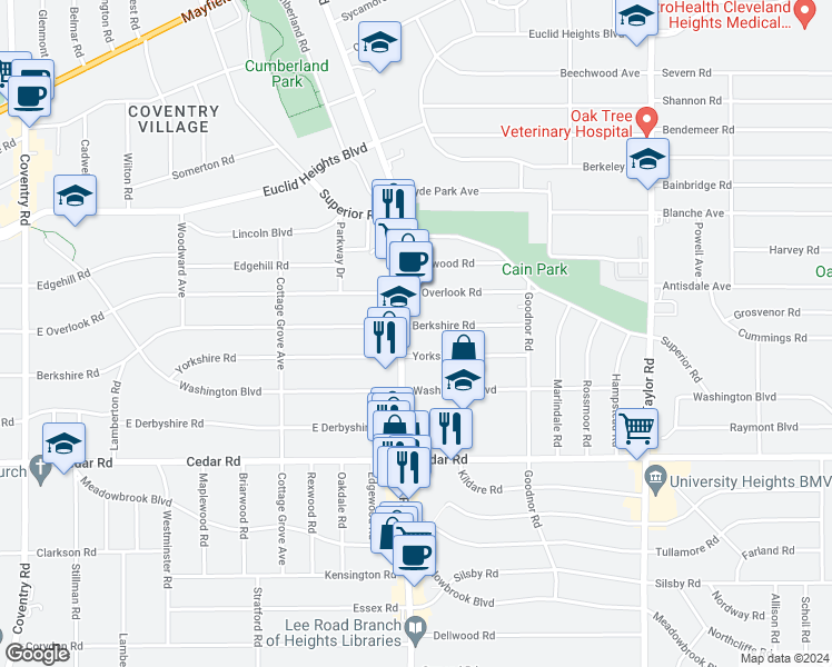 map of restaurants, bars, coffee shops, grocery stores, and more near 1559 Lee Road in Cleveland Heights