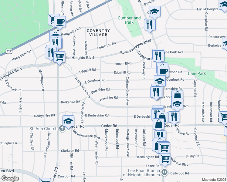 map of restaurants, bars, coffee shops, grocery stores, and more near 3034 Berkshire Road in Cleveland Heights