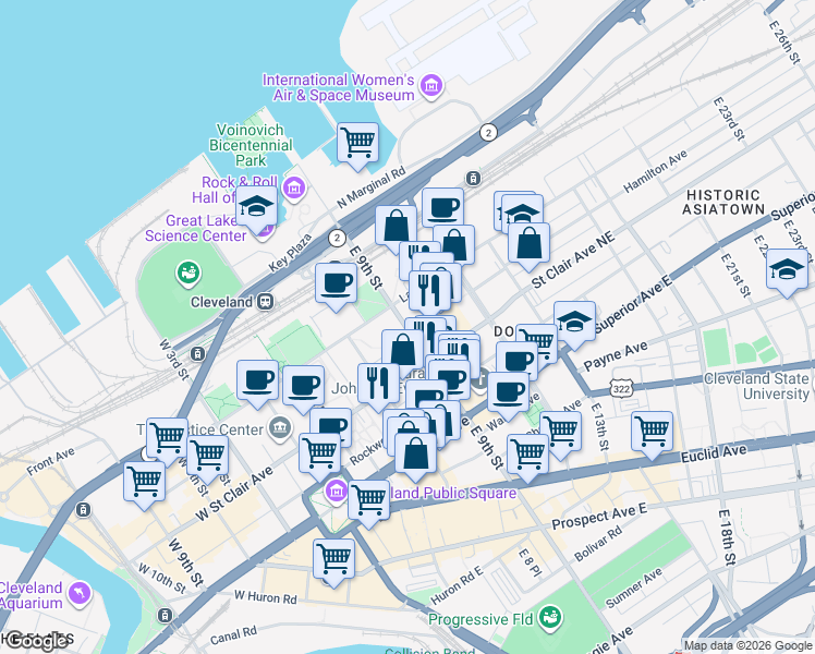 map of restaurants, bars, coffee shops, grocery stores, and more near 1240 East 9th Street in Cleveland