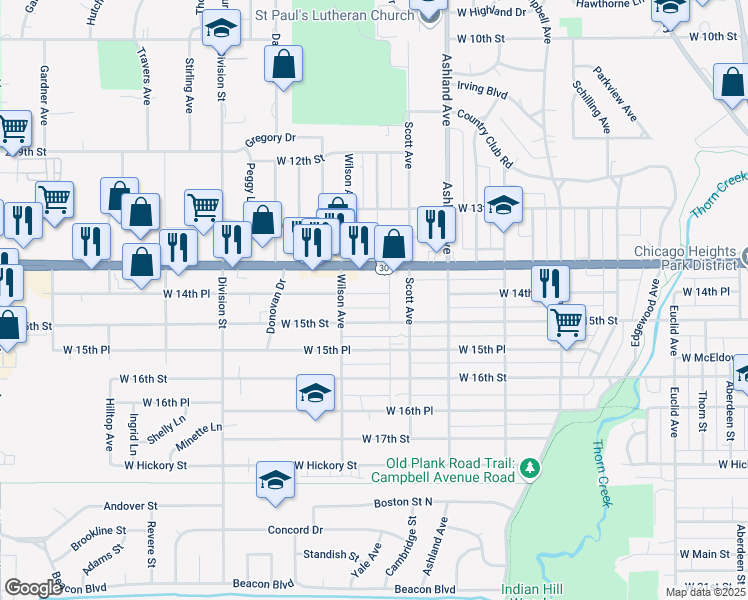 map of restaurants, bars, coffee shops, grocery stores, and more near 392 West 14th Place in Chicago Heights