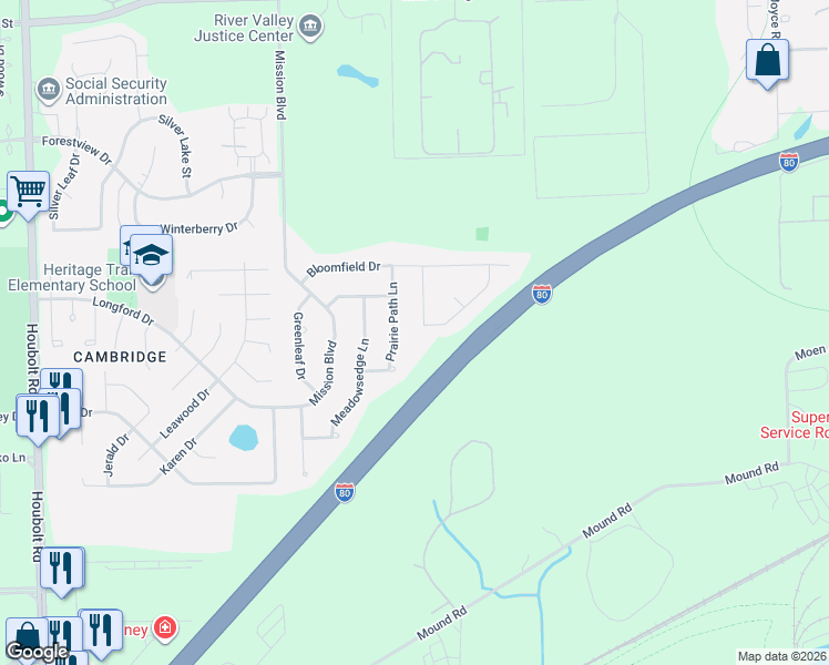 map of restaurants, bars, coffee shops, grocery stores, and more near 910 Prairie Path Lane in Joliet