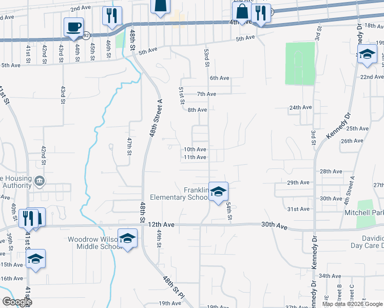 map of restaurants, bars, coffee shops, grocery stores, and more near 10th Avenue in Moline