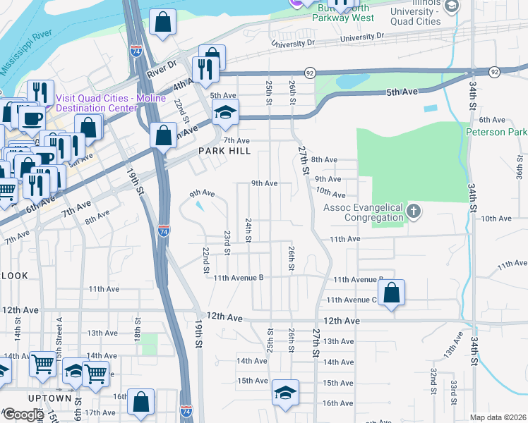 map of restaurants, bars, coffee shops, grocery stores, and more near 938 24th Street in Moline