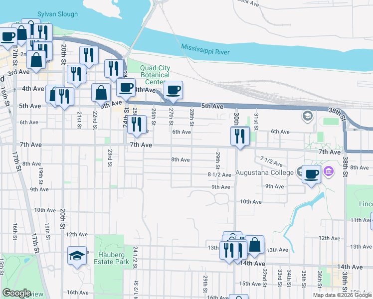 map of restaurants, bars, coffee shops, grocery stores, and more near 2734 7th Avenue in Rock Island