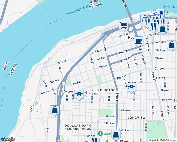 map of restaurants, bars, coffee shops, grocery stores, and more near 401-499 8th St in Rock Island