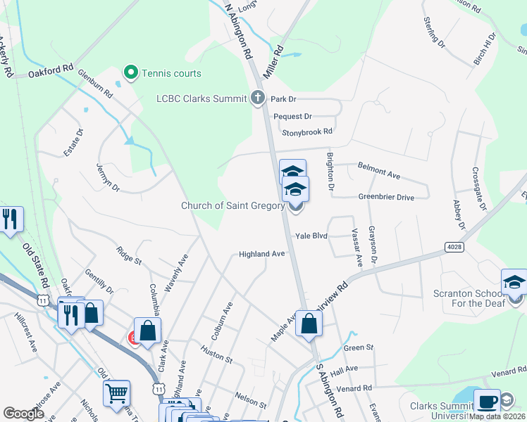 map of restaurants, bars, coffee shops, grocery stores, and more near 335 North Abington Road in Clarks Green