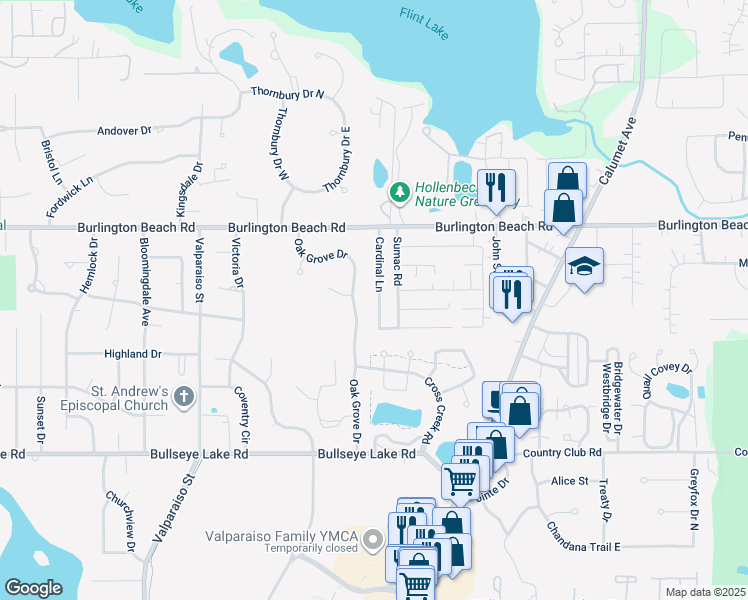 map of restaurants, bars, coffee shops, grocery stores, and more near 4005 Cardinal Lane in Valparaiso