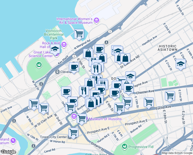 map of restaurants, bars, coffee shops, grocery stores, and more near 1301 East 9th Street in Cleveland