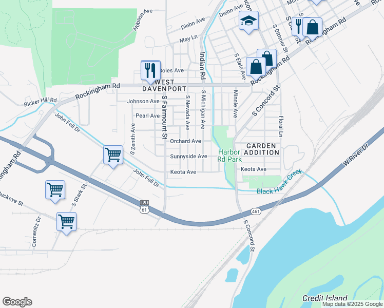 map of restaurants, bars, coffee shops, grocery stores, and more near 1328 South Nevada Avenue in Davenport