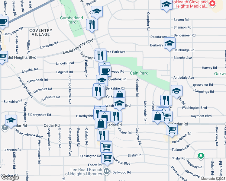 map of restaurants, bars, coffee shops, grocery stores, and more near 3238 Berkshire Road in Cleveland Heights
