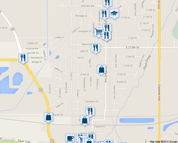 map of restaurants, bars, coffee shops, grocery stores, and more near 1440 Capri Lane in Dyer