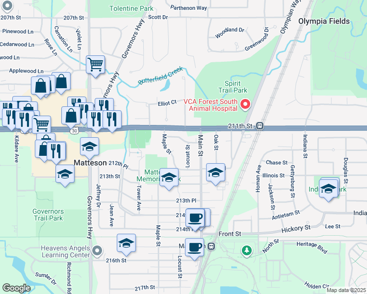 map of restaurants, bars, coffee shops, grocery stores, and more near 21138 Locust Street in Matteson
