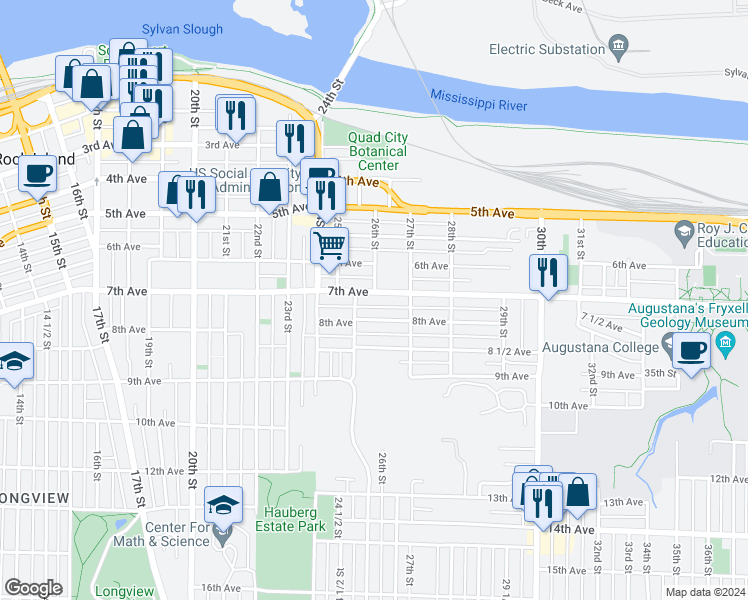 map of restaurants, bars, coffee shops, grocery stores, and more near 2520 7th Avenue in Rock Island