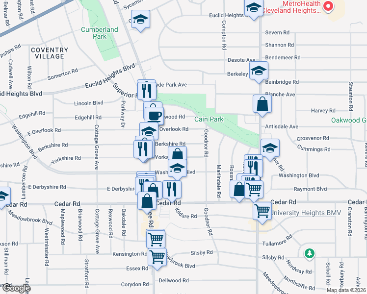map of restaurants, bars, coffee shops, grocery stores, and more near 3278 Berkshire Road in Cleveland Heights