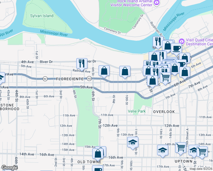 map of restaurants, bars, coffee shops, grocery stores, and more near 411 8th Street in Moline