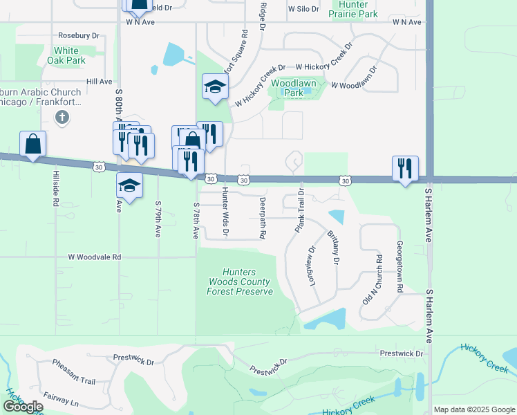map of restaurants, bars, coffee shops, grocery stores, and more near 21170 Deerpath Road in Frankfort