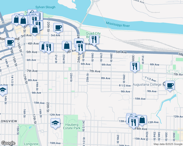 map of restaurants, bars, coffee shops, grocery stores, and more near 2518-2520 7th Avenue in Rock Island