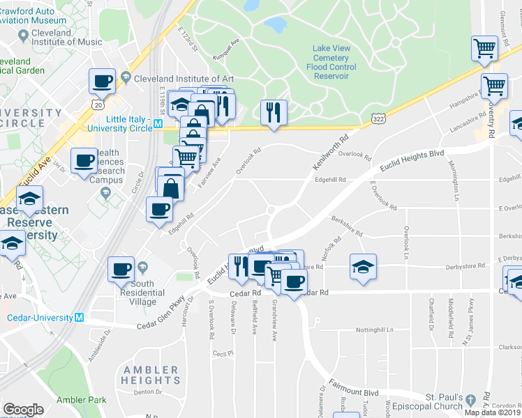 map of restaurants, bars, coffee shops, grocery stores, and more near 2420 Derbyshire Road in Cleveland Heights