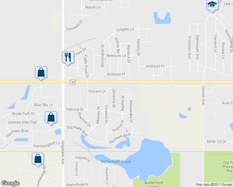 map of restaurants, bars, coffee shops, grocery stores, and more near 21125 Christina Drive in Matteson