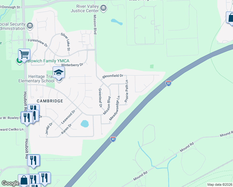 map of restaurants, bars, coffee shops, grocery stores, and more near 911 Meadowsedge Lane in Joliet