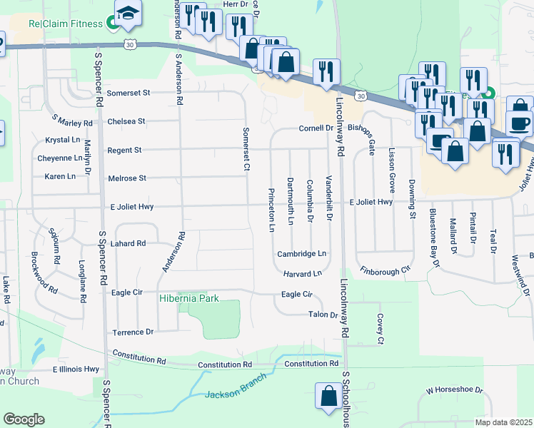 map of restaurants, bars, coffee shops, grocery stores, and more near 711 Princeton Lane in New Lenox
