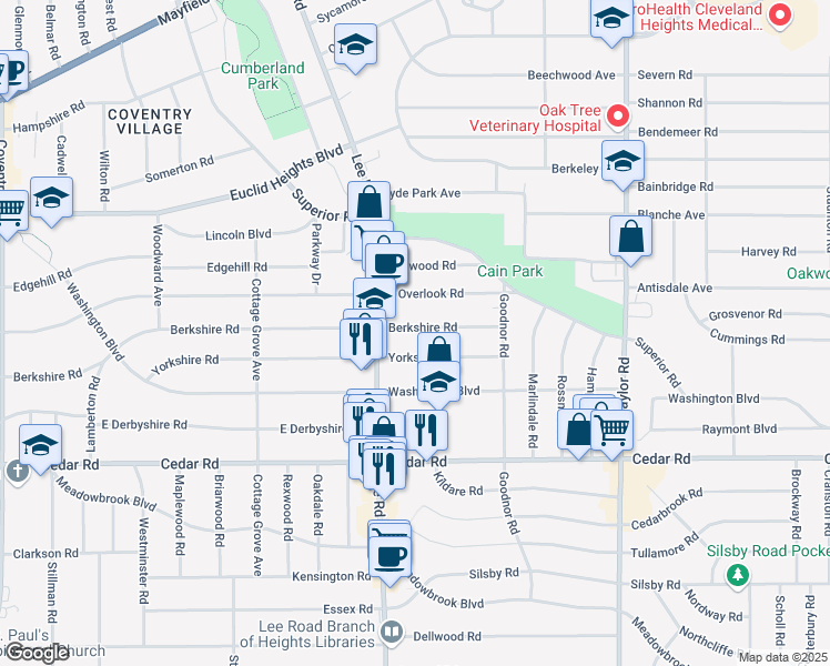 map of restaurants, bars, coffee shops, grocery stores, and more near 3238 Berkshire Road in Cleveland Heights