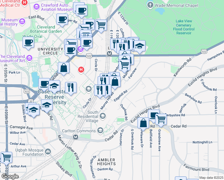 map of restaurants, bars, coffee shops, grocery stores, and more near 2154 Murray Hill Road in Cleveland