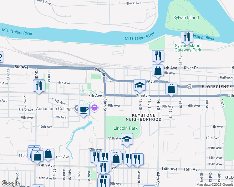 map of restaurants, bars, coffee shops, grocery stores, and more near 643 39th Street in Rock Island