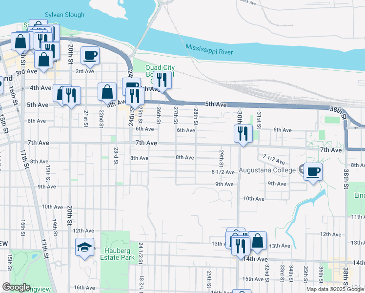 map of restaurants, bars, coffee shops, grocery stores, and more near 2708 7th Avenue in Rock Island