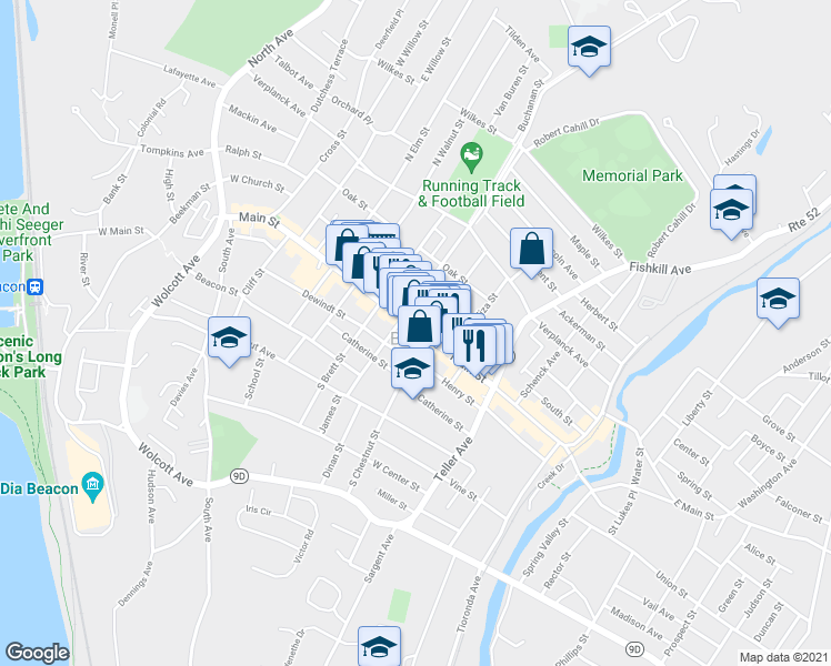 map of restaurants, bars, coffee shops, grocery stores, and more near 327 Main Street in Beacon