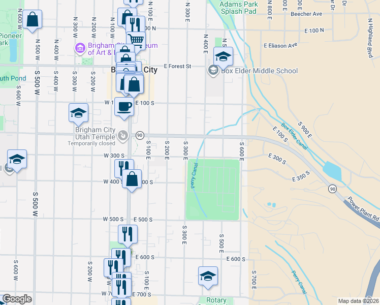 map of restaurants, bars, coffee shops, grocery stores, and more near 279 South 300 East in Brigham City