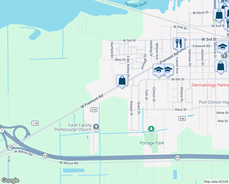 map of restaurants, bars, coffee shops, grocery stores, and more near 1156-1292 West Fremont Road in Port Clinton