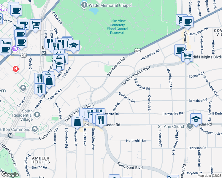 map of restaurants, bars, coffee shops, grocery stores, and more near 2511 Euclid Heights Boulevard in Cleveland Heights