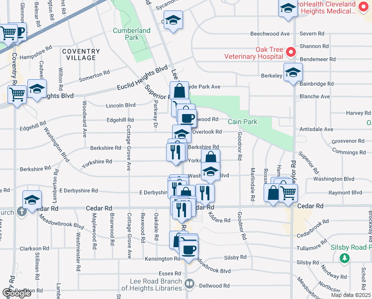 map of restaurants, bars, coffee shops, grocery stores, and more near 1559 Lee Road in Cleveland Heights