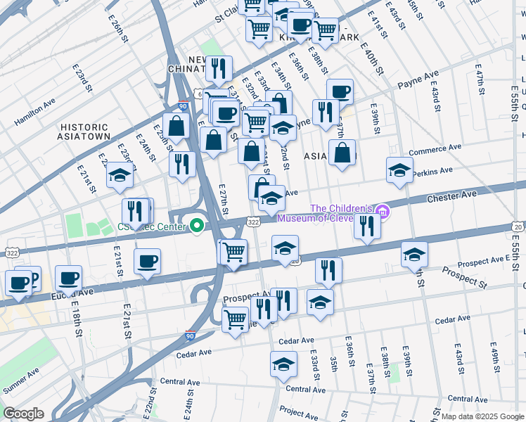 map of restaurants, bars, coffee shops, grocery stores, and more near 3005 Chester Avenue in Cleveland