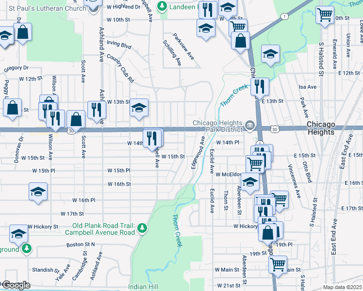 map of restaurants, bars, coffee shops, grocery stores, and more near 1422 Schilling Avenue in Chicago Heights