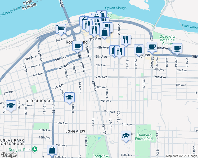 map of restaurants, bars, coffee shops, grocery stores, and more near 722 18th Street in Rock Island