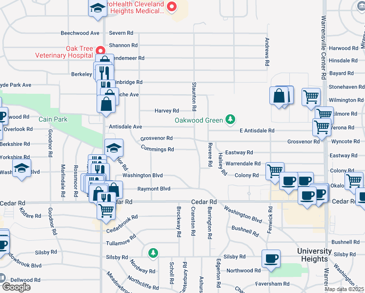 map of restaurants, bars, coffee shops, grocery stores, and more near 3649 Cummings Road in Cleveland Heights