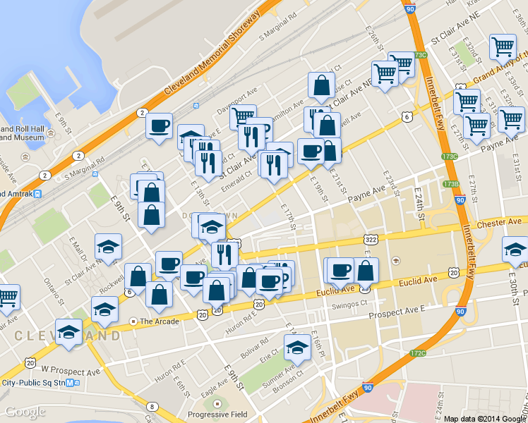 map of restaurants, bars, coffee shops, grocery stores, and more near 1550 Superior Avenue in Cleveland