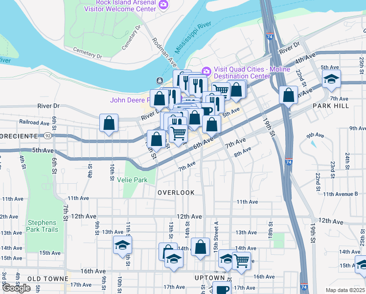 map of restaurants, bars, coffee shops, grocery stores, and more near 519 14th Street in Moline