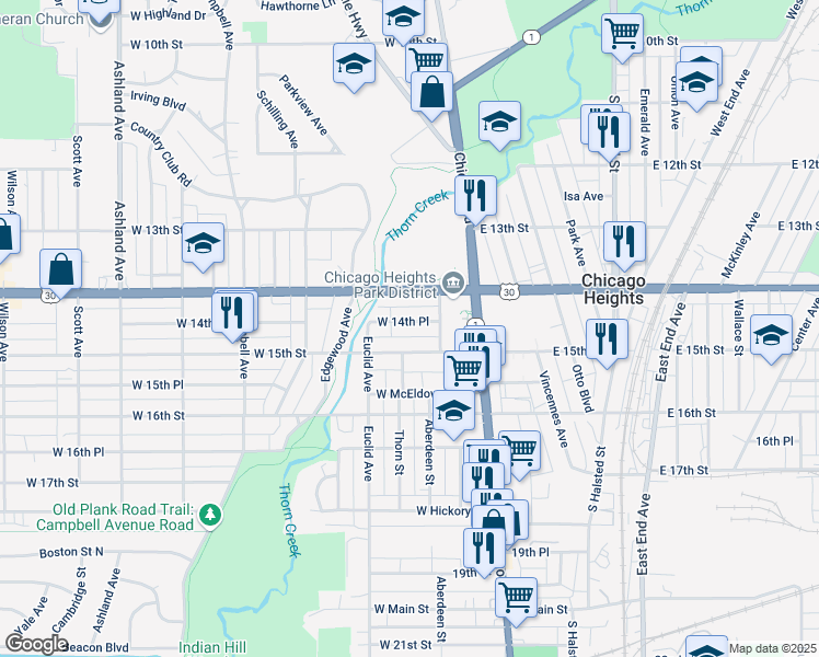 map of restaurants, bars, coffee shops, grocery stores, and more near 54 West 14th Place in Chicago Heights