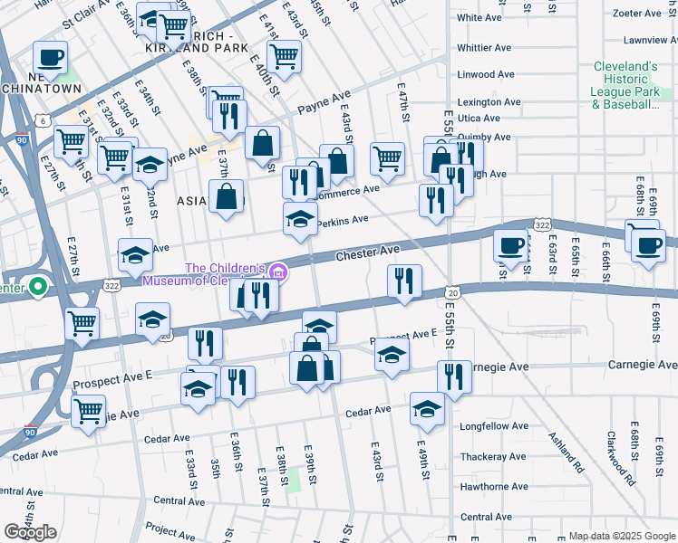 map of restaurants, bars, coffee shops, grocery stores, and more near 4122 Chester Avenue in Cleveland