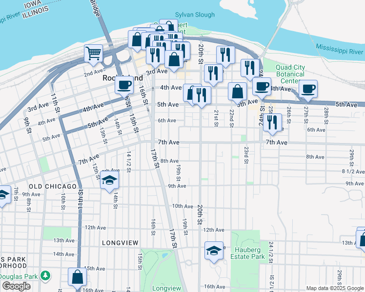 map of restaurants, bars, coffee shops, grocery stores, and more near 1906 7th Avenue in Rock Island