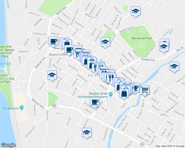 map of restaurants, bars, coffee shops, grocery stores, and more near 323 Main Street in Beacon