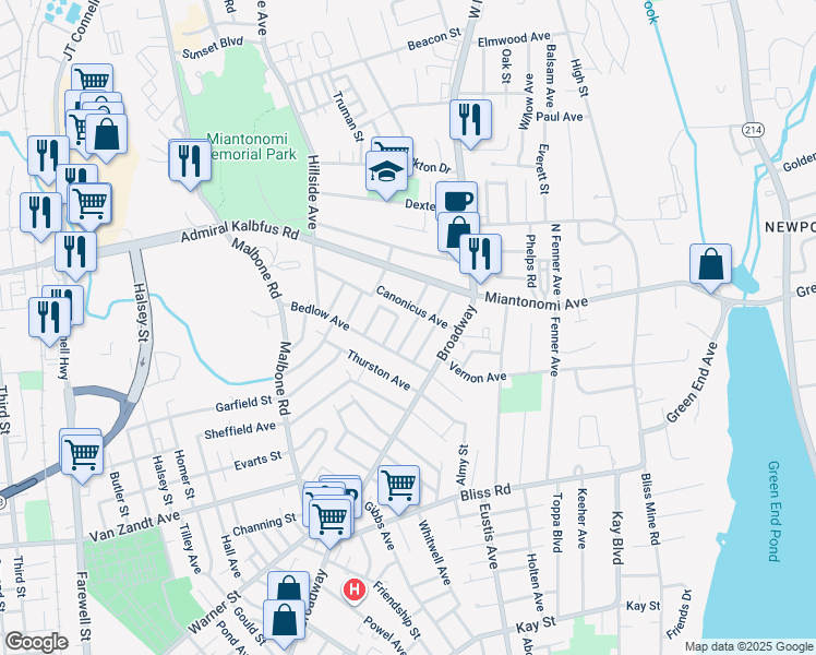 map of restaurants, bars, coffee shops, grocery stores, and more near 12 Apthorp Avenue in Newport