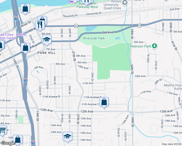 map of restaurants, bars, coffee shops, grocery stores, and more near 1025 29th Street in Moline