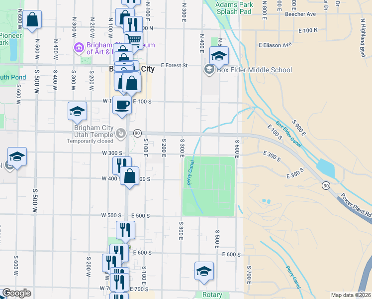 map of restaurants, bars, coffee shops, grocery stores, and more near 279 South 300 East in Brigham City